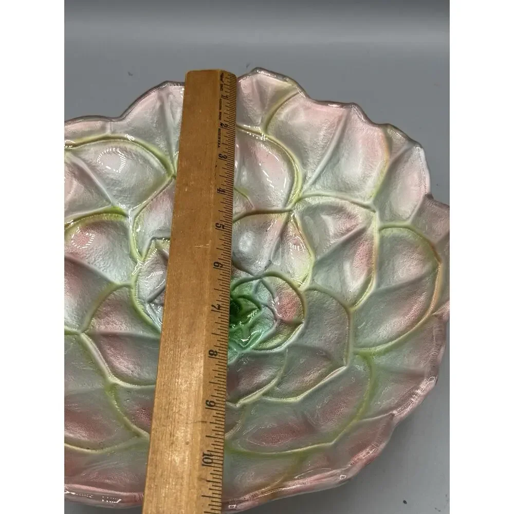 Vintage Frosted Glass Lotus Flower Bowl Pink Green Satin Art Glass